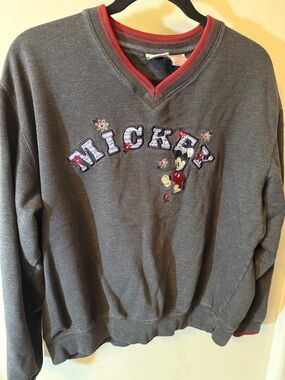 Disney Charcoal V-Neck Sweater with Red Trim and Mickey Embroidery